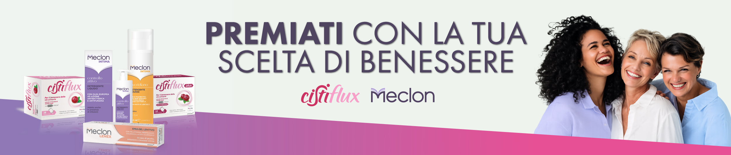 Immagine desktop col titolo della meccanica del Cashback e Concorso Premiati con la tua scelta di benessere: Con l'acquisto di 2 prodotti di cui 1 Meclon intima, ricevi il rimborso del 100% di Meclon Intima e in più ogni mese puoi vincere un iPhone 17